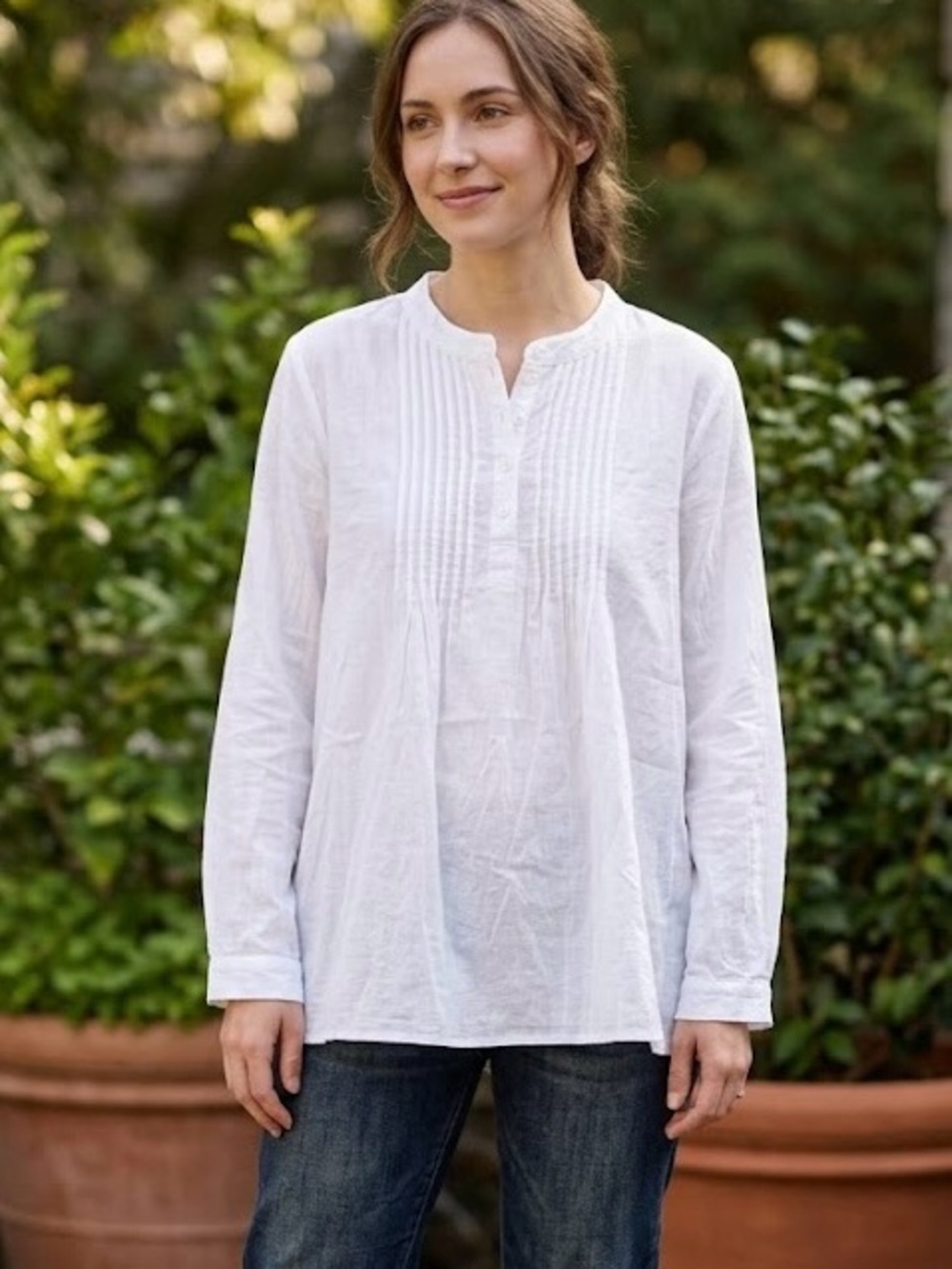 Cellabie White Cotton-Blend Pleated Button-Front Blouse Pintuck Lagenlook Boho